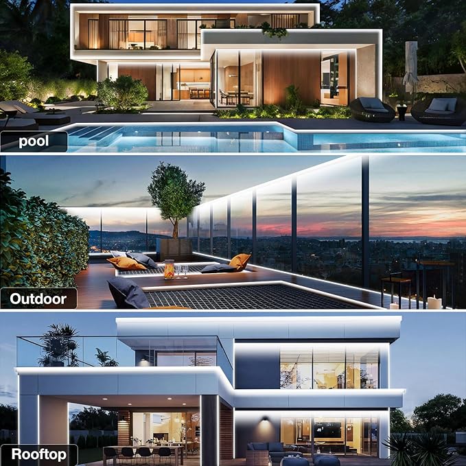 100ft COB Outdoor LED Strip Lights Waterproof,Dimmable 6500K Bright White,IP68 Outside Led Light Strips Waterproof with App Remote Control,Music Sync Exterior Led Rope Lights