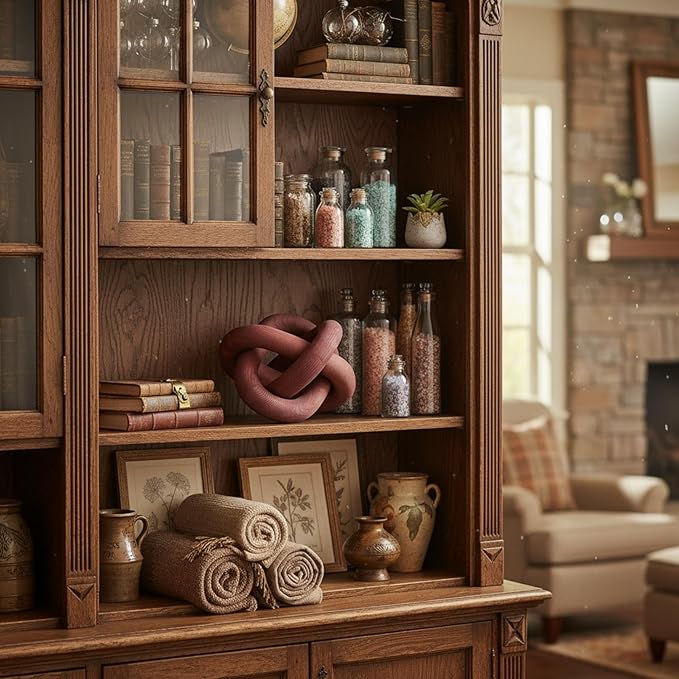 3 Link Wood Knot Decor - Hand Carved Coffee Table Decoration, Boho Chain Link Decor, Modern Shelf, Rustic Objects for Home Living Room Bedroom (Reddish-Brown)