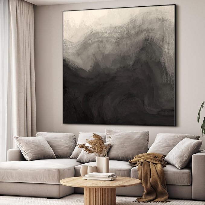 46"x46" XL Framed Wall Art - Monochrome Gray and Black Misty Mountains (Frame Assembly Required)