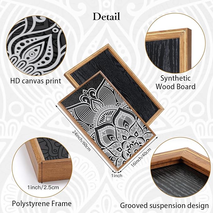 CHDITB Lotus Flower Framed Canvas Wall Art Set, Mandala Wall Decor for Yoga Room, Black and White Spiritual Wall Painting, Vintage Meditation Art Prints for Zen Living Room, Bedroom, Office 16"x24"x3