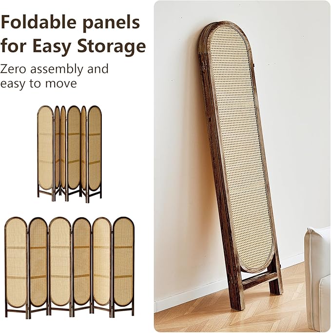6 Panels Room Dividers and Hand-Woven Rattan Room Divider Wall, Wood Room Divider Folding Privacy Screens for Home Office Bedroom, Brown