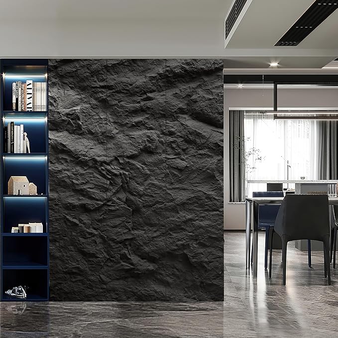 KASARO 3D Faux Stone Wall Panels, 4 PCS PU Wainscoting Panel for Interior Wall Decor, Cement Texture Thicker Accent for Home, Office, 43.3 × 23.6 inch, Black