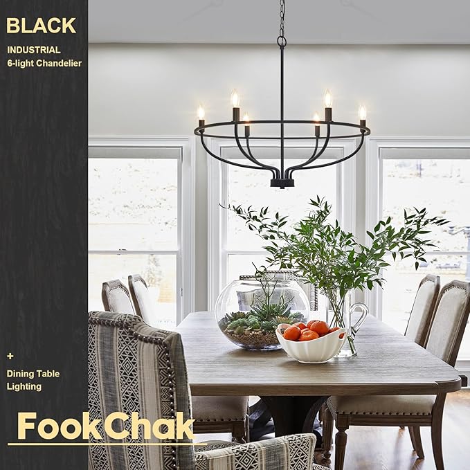 Black Dining Room Light Fixture, 6-Light Farmhouse Black Chandelier for Bedroom Metal Candle Chandeliers Hanging Lighting for Kitchen Living Room Entryway Foyer, 28.54in