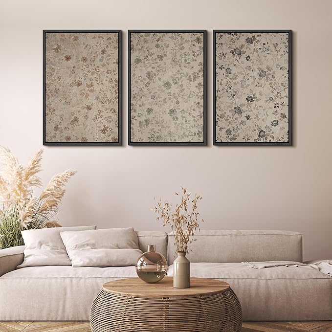 MUDECOR Framed Wall Art Print Set Vintage Floral Botanical in Neutral Tones Illustrations Realism Decorative for Living Room, Bedroom, Office - 24"x36"x3 Black