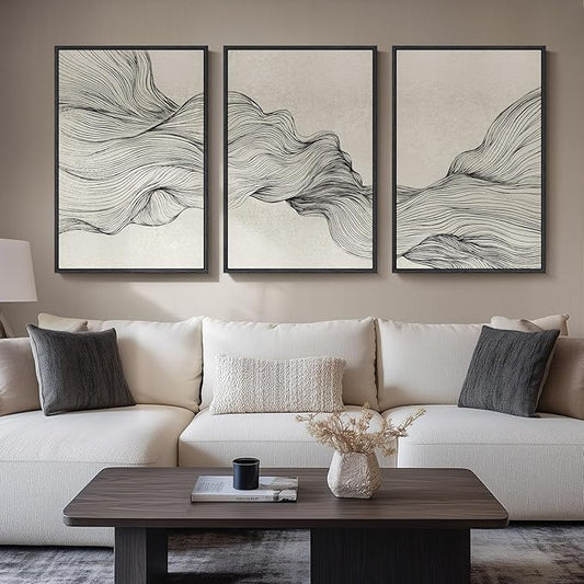 Large Framed Black and Beige Neutral Abstract Wall Art for Living Room, 3 Piece Modern Canvas Prints Paintings Artwork for Walls, Minimalist Lines Pictures for Hallway Stair Office Wall Decor 24x36 In