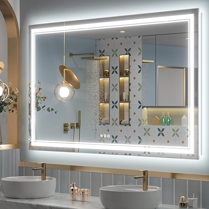 Keonjinn LED Bathroom Mirror 60" x 36" with Frontlit and Backlit, Tempered Glass Stepless 3 Colors Temperature & Dimmable Large Vanity Mirror, UL Listed LED Driver, Double Lights Anti-Fog Wall Mirror
