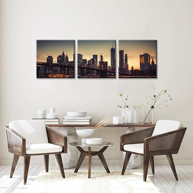 NAN Wind 3PCS Modern Urban Skyline Wall Art NYC-Inspired Twilight Cityscape Framed Canvas Prints Art Contemporary Manhattan Bridge Golden Sunset Skyscraper Canvas Pictures for Home Office Decor