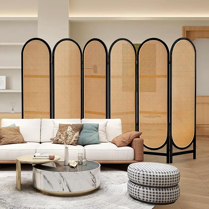 6 Panels Room Dividers, Hand-Woven Rattan Room Divider Panel and Folding Privacy Screens, Wood Room Divider Wall Freestanding Room Partitions Screen for Home Office Bedroom, Light Brown