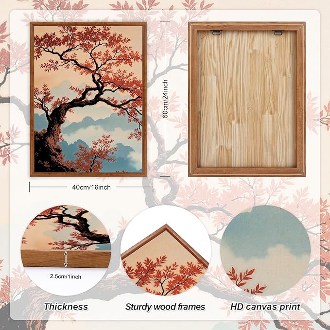 LHIUEM Large Boho Mountain Sunset Framed Canvas Wall Art Set of 3(16”X24”)Pine Tree Red Flowers Wall Decor,Chinese Style Maple Leaves Painting,Nature Landscape Forest Foggy Artworks for Bedroom Office