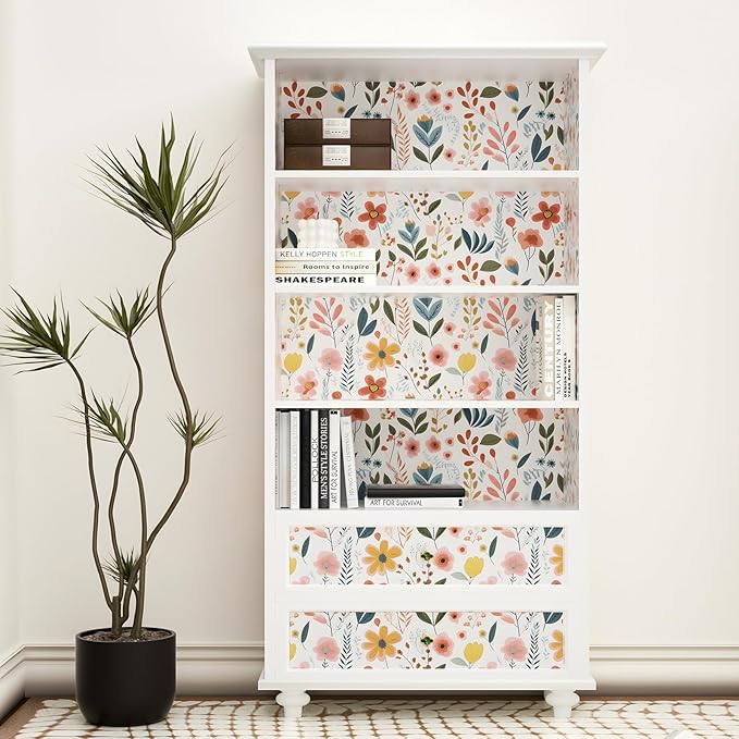 Colorful Floral Peel and Stick Wallpaper Leaf Vintage Contact Paper Cute White Floral Wall Paper Removable Wallpaper Self Adhesive for Cabinet Drawers Wall Decor 17.5''x393''