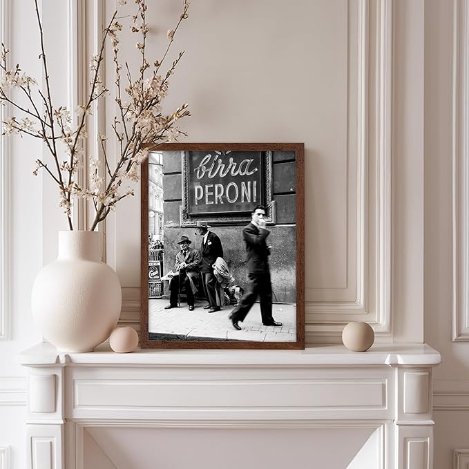 Poster Master Vintage Photograph Poster - Travel Print - Men in a Street of Napoli, Italy, Black & White, Minimalist - Gift for Artist, Friend - Wall Decor for Home, Office, 8x10 Brown Framed