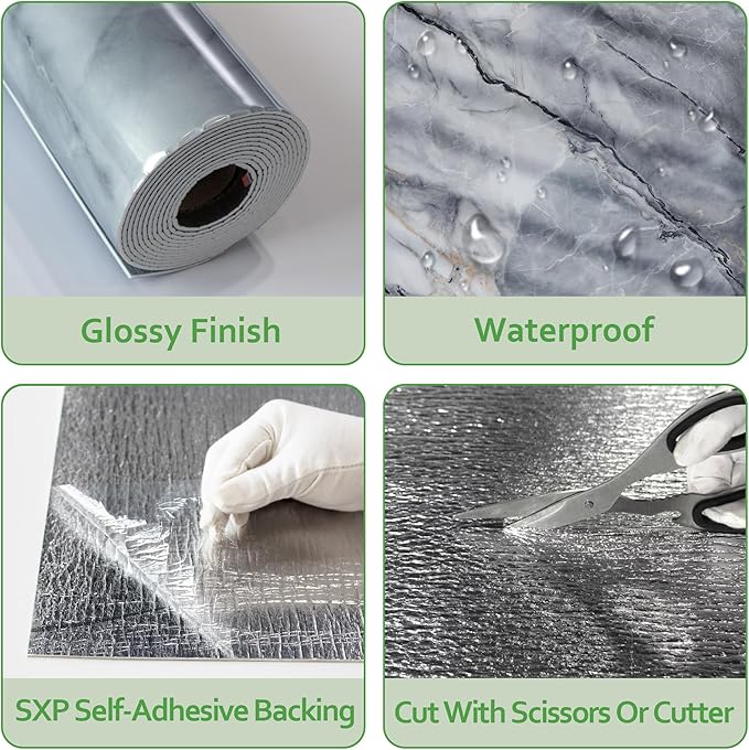 Marble Peel and Stick Waterproof Wall Paneling, 118" x 47" Pietra Grey Glossy Finish Self-Adhesive Backsplash Tile Vinyl Wall Panel for Kitchen Bathroom Wall Decor, Covers 38.75 Sq. Ft.