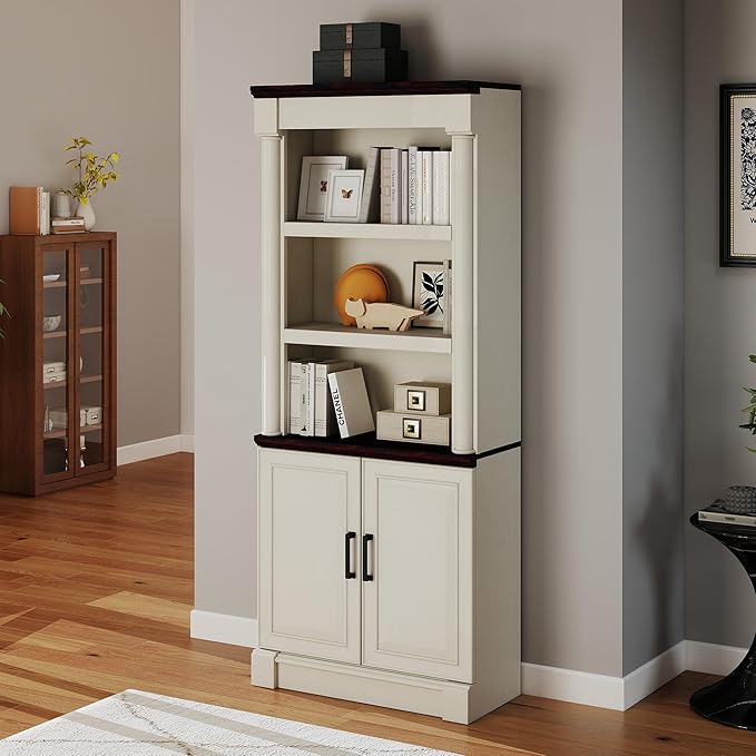 72" Roman Column Bookcase with Double Door Cabinet, 5 Tiers Tall Bookshelf Shelves Storage and Anti Tip Kit, Classic American European Modern Multi Style Design for Living Room Study Office, White