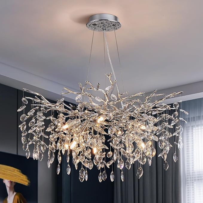 Modern Tree Branch Crystal Chandelier Luxury Silver Crystal Pendant Lighting 30" Contemporary 10-Light Chandeliers for Dining Room Kitchen Bedroom Living Room