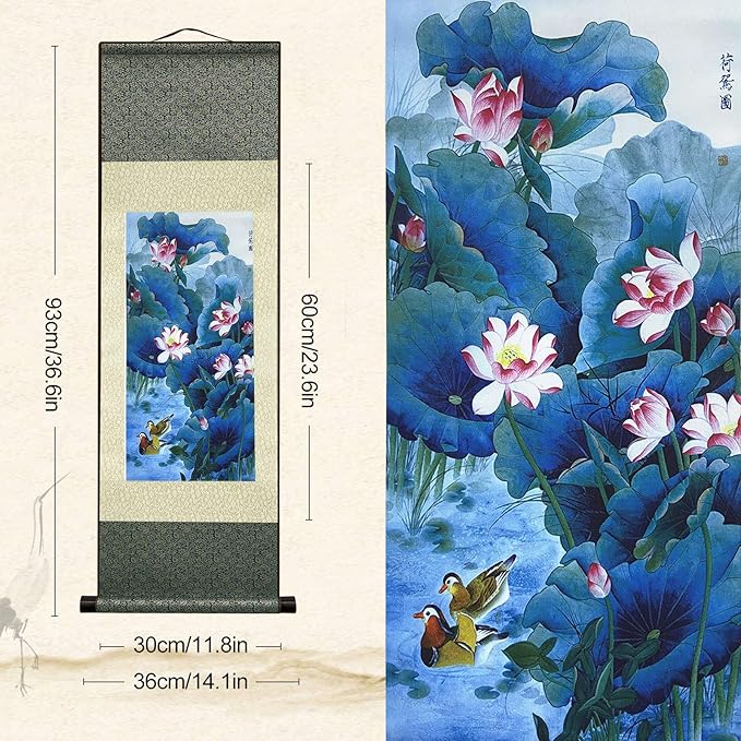 AtfArt Asian Wall Decor Beautiful Silk Scroll Painting Flowers - Lotus Chart Oriental Decor Chinese Art Wall Scroll Wall Hanging Painting Scroll (36.2 x 12 in)