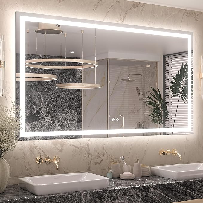 Keonjinn LED Bathroom Mirror with Light 60 x 36 Inch, Frontlit & Backlit Vanity Mirrors with 3 Color Lights, Large Stepless Dimmable Mirror with Anti-Fog, HD Tempered Glass, UL-Listed LED Driver