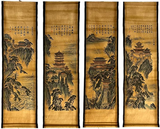CIFIBIFUN Wall Asia Art Prints Posters Painting Asia Vintage Style,4 Panels Architectural Scroll Four Great Towers, Walls Decor for Living Room Library (Japan Painting)