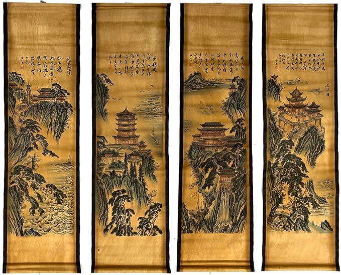 CIFIBIFUN Wall Asia Art Prints Posters Painting Asia Vintage Style,4 Panels Architectural Scroll Four Great Towers, Walls Decor for Living Room Library (Japan Painting)