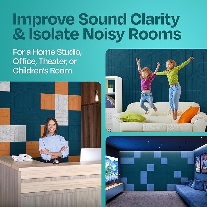 Acoustic Panels 12-Pack Soundproof Wall Panels 12"x12"x0.4" Decorative Sound Dampening for Your Home, Office, Studio, Bedroom & More with Unique ModuArc Carving [Ocean Turquoise]