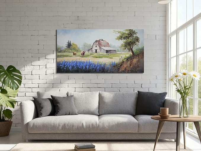Arjun Farmhouse Canvas Wall Art Farm Highland Cow Landscape Picture Rustic Countryside Barn Painting Village Nature Artwork Large 40"x20" Framed for Living Room Bedroom Bathroom Home Office Wall Decor