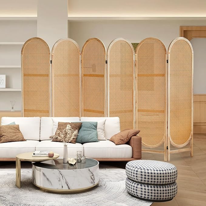 6 Panels Wood Room Divider and Folding Privacy Screens, Hand-Woven Rattan Room Dividers Panel, Room Divider Wall Freestanding Room Partitions Screen for Home Office Bedroom, Light Brown