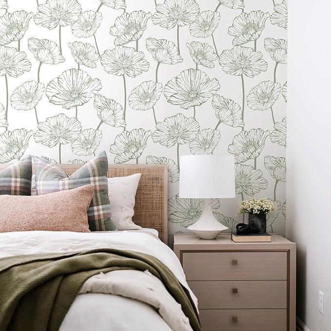 Orainege Floral Peel and Stick Wallpaper Boho Contact Paper Green and White Wallpaper 17.3inx196.8in Self Adhesive Removable Decorative Wall Paper for Bedroom Bathroom Cabinets Decor Vinyl