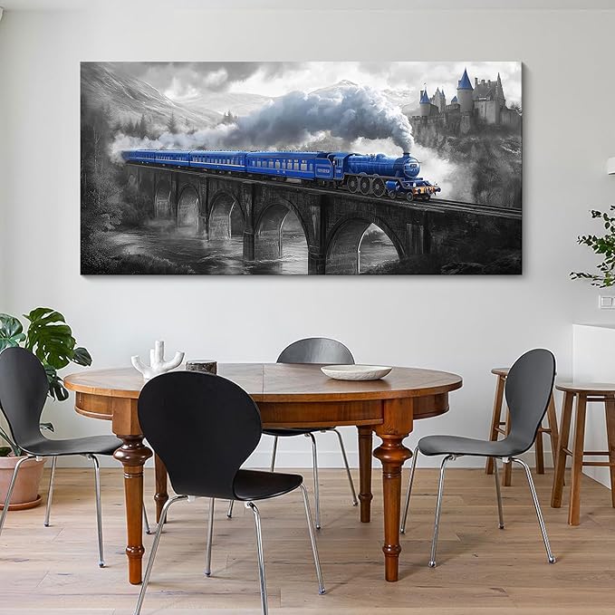 JEAWA Large Canvas Wall Art - Blue White Gray Landscape Painting Decor, Picture with Castle Bridge Train, Modern Art Prints for Living Room Bedroom Home Decoration, 29x58 IN