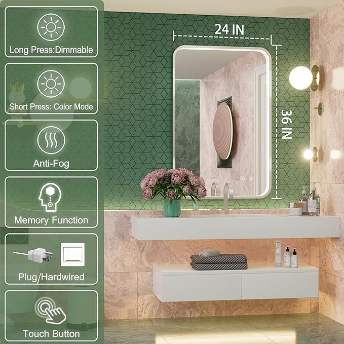 24x36 Inch Silver LED Bathroom Mirror with Lights, Adjustable 3000K/4500K/6000K, Lighted Bathroom Vanity Mirrors, Dimmable, Anti-Fog, Memory Functions, Wall Mounted, Horizontal/Vertical