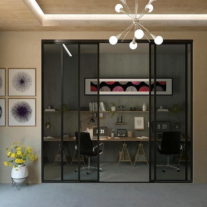 4 Panel Glass Room Divider and Sliding Glass Closet Doors - Smoked Frosted Partition Wall - Clear, Smoked and Frosted Glass Sliding Doors Options (Lite Smoked Glass, 96x80)