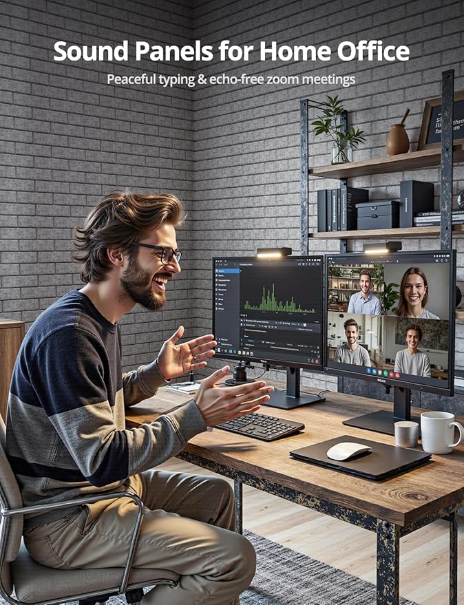 Acoustic Wall Panels, Brick Pattern Peel and Stick Sound Absorbing Panel for Ceiling, Door, Pared, 12 Pack 12"x12"x0.4", Grey Decorative Self Adhesive Wall Tiles for Recording Studio, Room