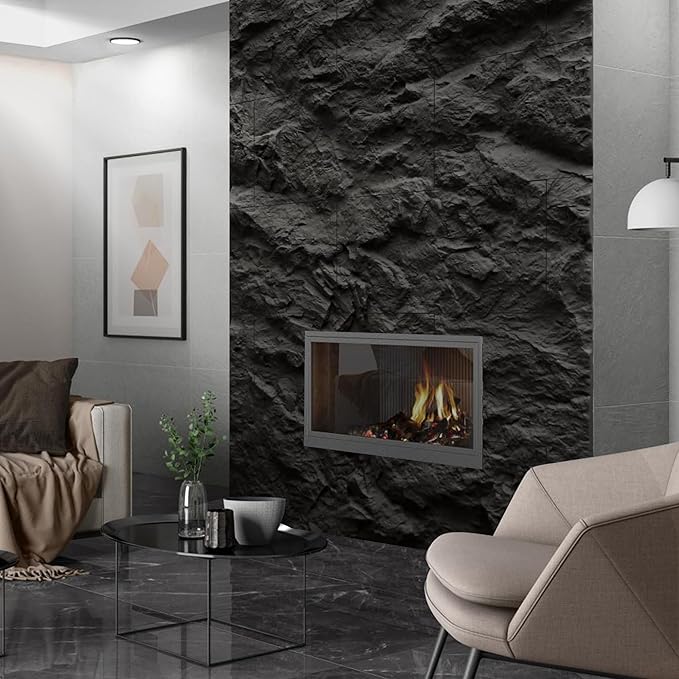 KASARO 3D Faux Stone Wall Panels, 4 PCS PU Wainscoting Panel for Interior Wall Decor, Cement Texture Thicker Accent for Home, Office, 43.3 × 23.6 inch, Black