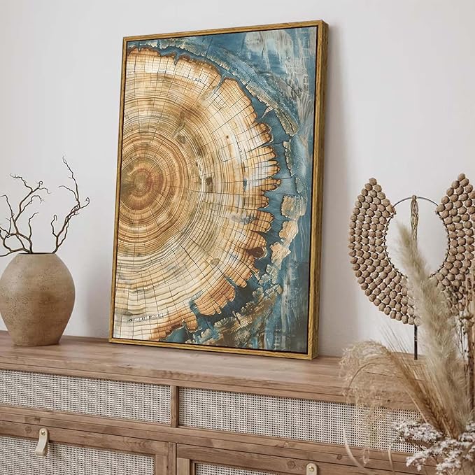 BingruiArt Framed Tree Ring Canvas Wall Art Abstract Wood Wall Decor Boho Modern Colorful Nature Painting Wood Stump Prints Pictures for Living Room Bedroom Bathroom Office 16"x24" Natural Framed(08)