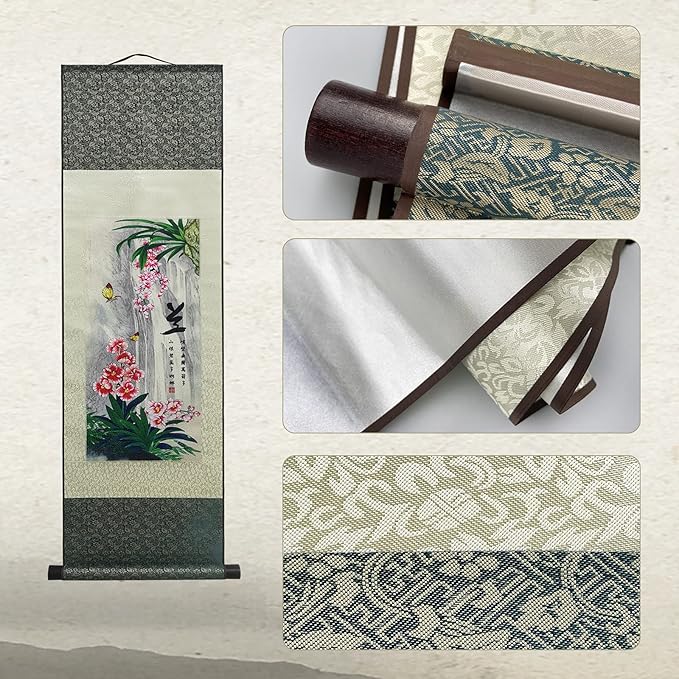 AtfArt Asian Wall Decor - Beautiful Silk Scroll Painting of 4 Righteous Men with Flowers - Plum Orchid, Bamboo, Chrysanthemum - Oriental Decor, Chinese Art Wall Scroll Hanging