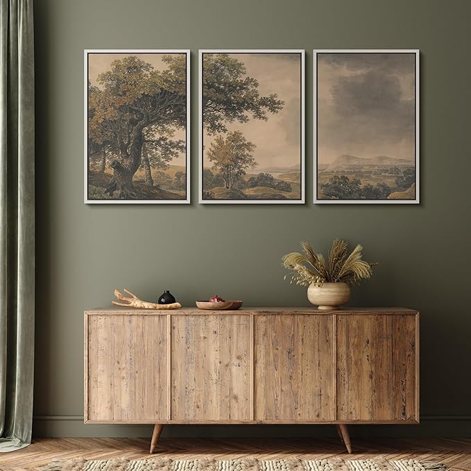 MUDECOR Framed Wall Art Print Set Vintage Landscape Rustic Tree and Mountain View Illustrations Decorative Colorful for Living Room, Bedroom, Office - 24"x36"x3 White