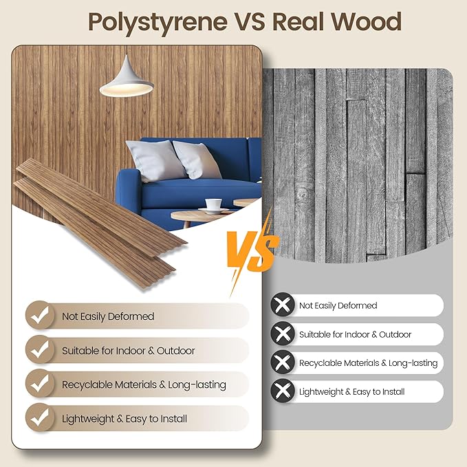 KASARO 3D Faux Wood Wall Panels - 16 Pack (47.2"x4.8") Fluted Slat Paneling for Walls & Ceilings, Adhesive or Nail Install, Waterproof Textured Decor - Living Room, Bedroom, Natural