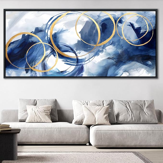 AJAZIKO Blue Abstract Canvas Wall Art Modern Wall Decor Artwork for Walls Living Room Large Painting Office Pictures Navy Gold Contempor Decorations for Bedroom