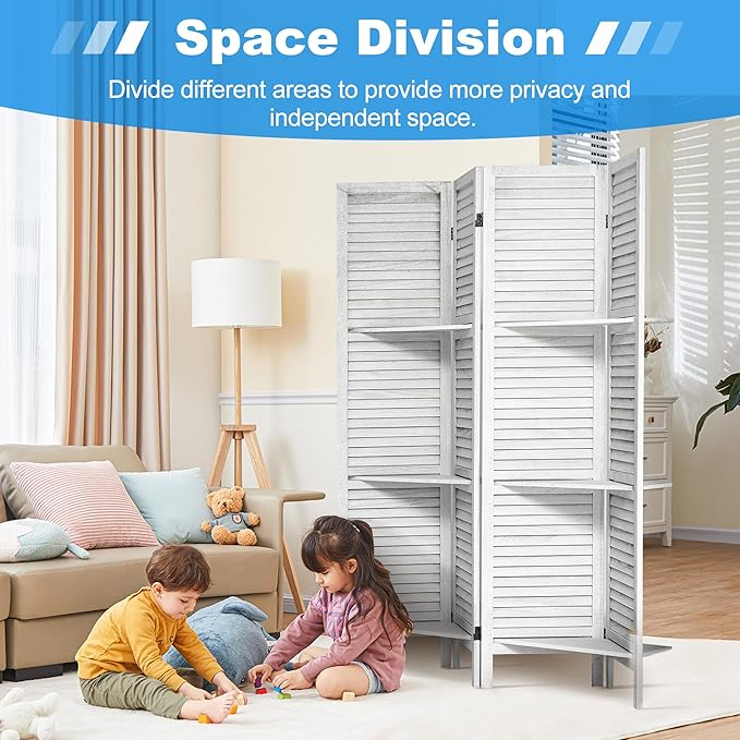 4 Panel Room Divider 5.6FT Louvered Design Room Dividers with Display Shelves Folding Privacy Screens Portable Freestanding Partition Wall Dividers for Bedroom & Office, Retro White