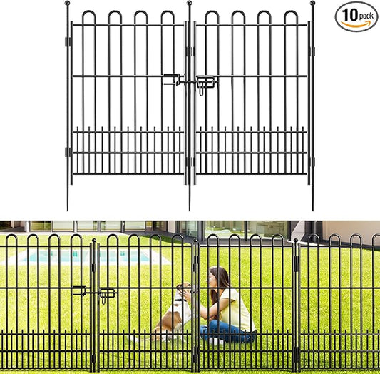 Bepatio Tall Garden Fence Animal Barrier with Gate, 39.5in (H) x 23ft (L) 10 Panels Decorative Dog Fence Outdoor for Yard, Heavy Duty Metal Fence Border, Flower Bed, Easy Setup, Black