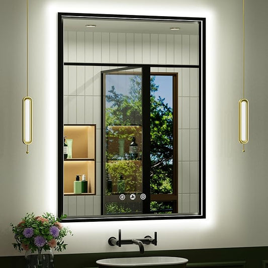 28x36 Inch Black LED Bathroom Mirror with Front & Back Ligths, Adjustable 3000K/4500K/6000K, Lighted Bathroom Vanity Mirror, Memory, Dimmable, Anti-Fog, Wall Mounted, Horizontal/Vertical