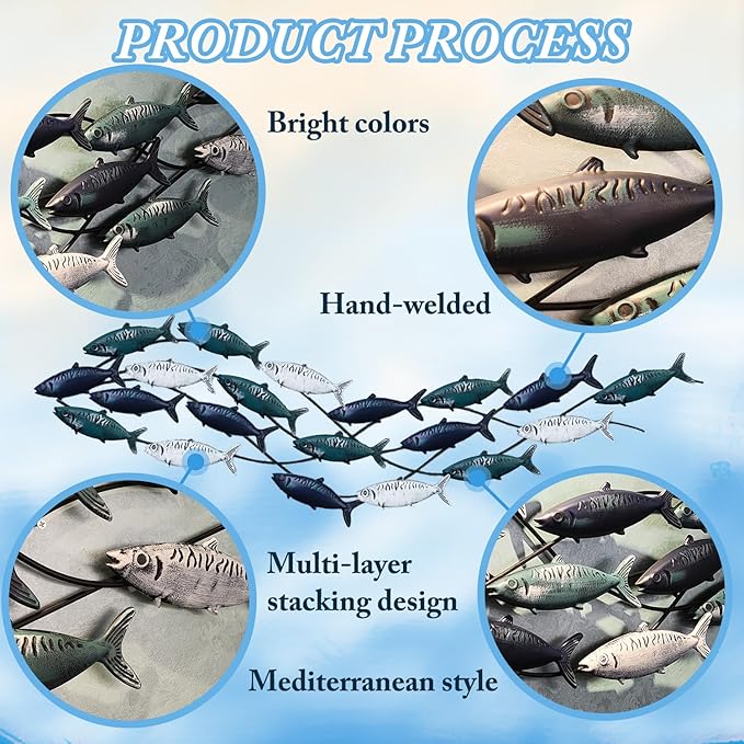 Metal Fish Wall Art - Large School of Fish Wall Decor for Living Room & Bedroom - Coastal Nautical Ocean Wall Sculpture (59" x 16")