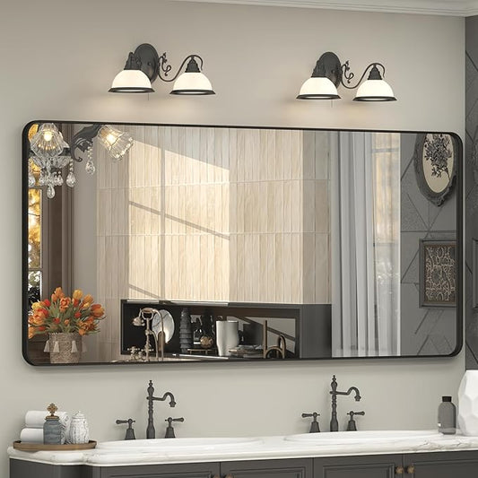 60x28 Black Bathroom Wall Mirror, Black Matal Framed Mirror, Matte Rectangle Bathoom Vanity Mirror, Anti-Rust, Shatterproof, Hangs Vertically or Horizontally
