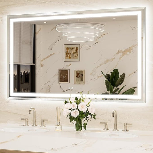 Keonjinn 60 x 36 Inch Brushed Nickel Bathroom LED Mirror with Frontlit & Backlit, Large LED Vanity Mirror, HD Tempered Glass, Beveled Framed, 3000K/4500K/6000K, Dimmable, Defogging, Shatter-Proof