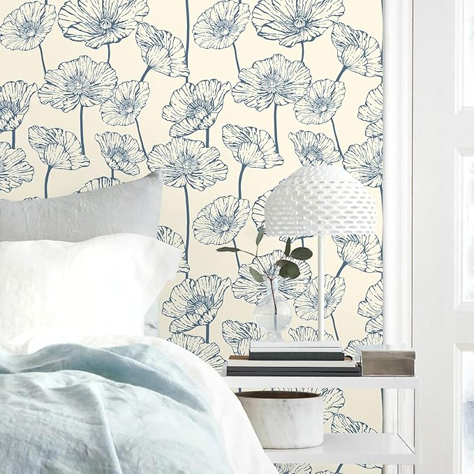Orainege Peel and Stick Wallpaper Floral Contact Paper Blue and Beige Wallpaper 17.3inx393.7in Self Adhesive Wall Paper Boho Removable