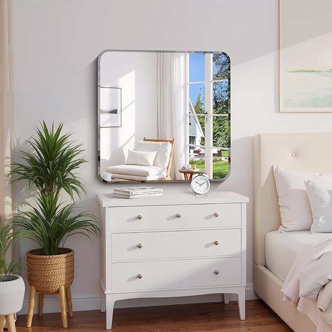 Beveled Mirror 30"x30", Square Frameless Bathroom Mirror Rounded Corner, Framless Vanity Mirror Shatterproof Tempered Glass Lightweight Design for Bedroom Living Room Entryway