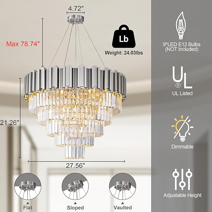 5-Tier 27.5" Silver Chandelier, 9-Light Modern Crystal Chandelier, Luxury Round K9 Crystal Chandeliers Light Fixture for Dining Room, Living Room, Bedroom, Foyer, Entryway, Kitchen, Restaurant
