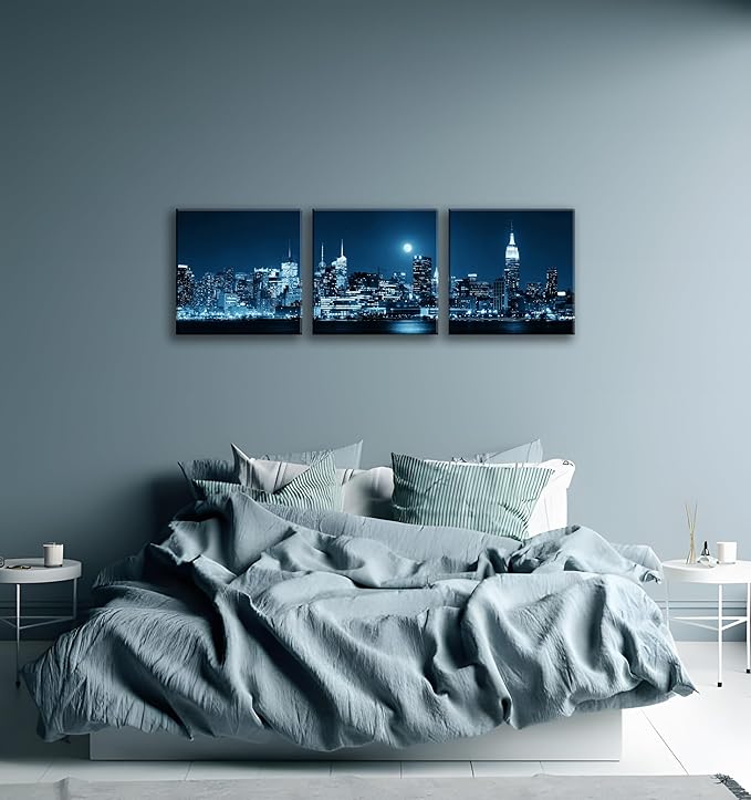 NAN Wind 3-Piece Modern Manhattan Night Skyline Canvas Art Blue Moon Urban Cityscape Wall Decor Contemporary NYC-Inspired Night View Panoramic Prints Framed City Canvas Set for Home Office Living Room