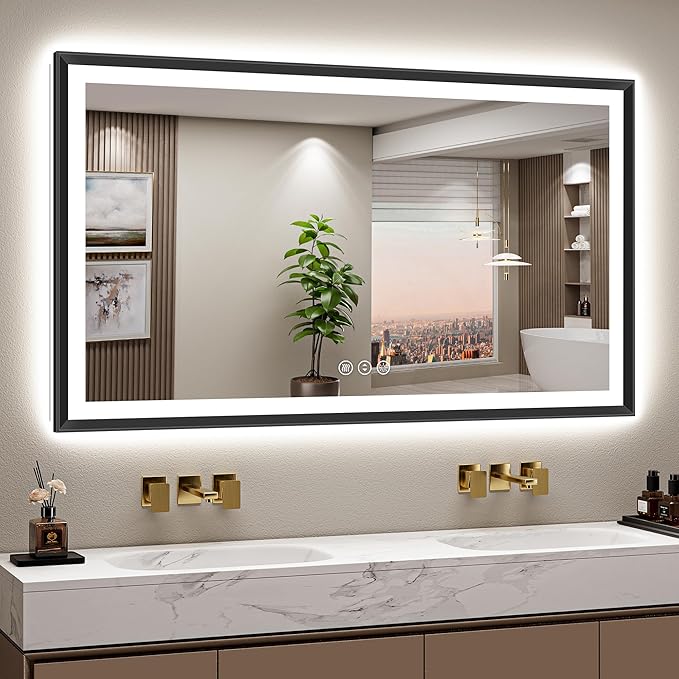 60x36 Black Framed Led Bathroom Mirror with Lights, Front Lit and Backlit, Lighted Vanity Mirror for Bathroom Wall, Anti-Fog, Dimmable, 3 Colors, Memory, HD Tempered Glass