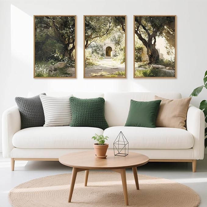 Ausril Garden of Gethsemane Landscape Framed Canvas Wall Art, Jerusalem Town Villages Scenery Prints, Jesus Boho Religious Decor, Christian Bible Art Painting for Bedroom Living Room Office 24"x36"x3