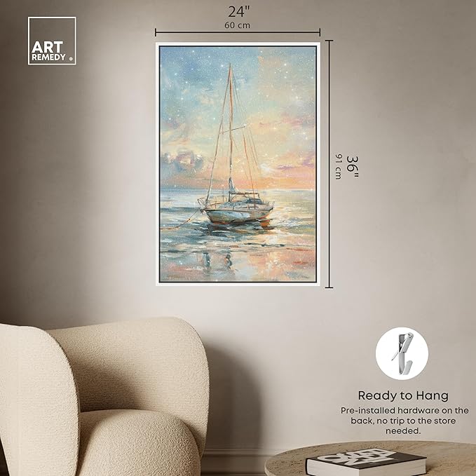 Art Remedy Boat On The Shore Framed Sailing 1 Piece Canvas Wall Art, 25" x 37", White Frame