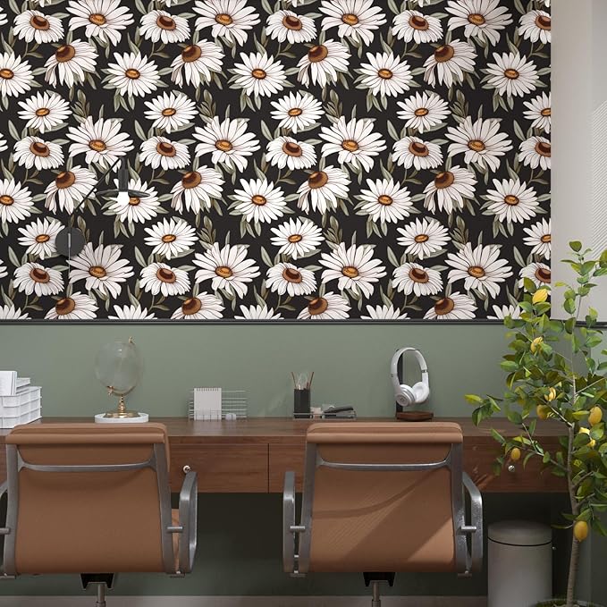 Boho Wallpaper Peel and Stick Dark Floral Contact Paper 17.5in x 118in Vinyl Waterproof Self-Adhesive Vintage Botanical Large Daisy Wall Paper for Bedroom Walls Countertop Decor